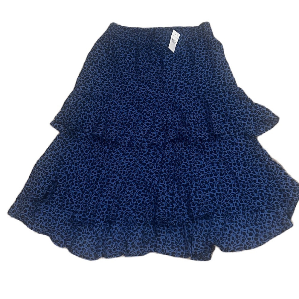 NWT Ann Taylor Blue Black Floral Midi Skirt with Ruffles Sz. M